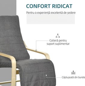 HOMCOM Fotoliu Relax cu Suport picioare pe 5 Niveluri si Tetiera, Fotoliu Ergonomic din Lemn de Mesteacan si Tesut, Gri