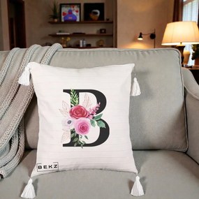 Cadou Personalizat - Perna Personalizata Monograma Florala Litera B, 40x40 cm, Bej cu Franjuri, Husa Detasabila, Perna Inclusa, BEKZ®