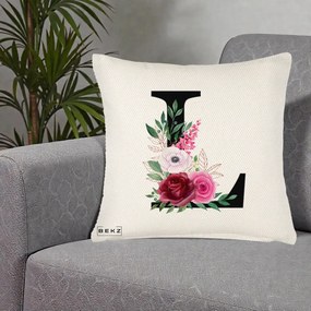 Cadou Personalizat - Perna Personalizata Monograma Florala Litera L, 40x40 cm, Crem Reliefat, Husa Detasabila, Perna Inclusa, BEKZ®