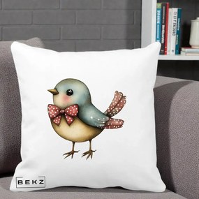 Perna Decorativa Pasare Bleu cu Fundita Rosie, 40x40 cm, Alba Mata, Husa Detasabila, Perna Inclusa, BEKZ®