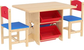 AIYAPLAY Set Masă și Scaune pentru Copii 3-7 Ani, cu 2 Scaune și 4 Compartimente de Depozitare, 77x57x50 cm, Lemn Natural | Aosom Romania