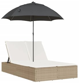 368085 vidaXL Șezlong dublu cu perne/umbrelă de soare, bej, poliratan