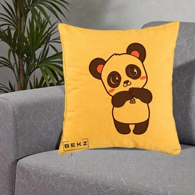 Perna Personalizata Panda Kawaii cu Bambus, 40x40 cm, Galben, Husa Detasabila, Perna Inclusa, BEKZ®