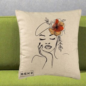 Perna Decorativa Portret Feminin Flori Palarie, 40x40 cm, Bej, Husa Detasabila, Perna Inclusa, BEKZ®