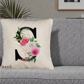 Cadou Personalizat - Perna Personalizata Monograma Florala Litera S, 40x40 cm, Bej Canapea, Husa Detasabila, Perna Inclusa, BEKZ®
