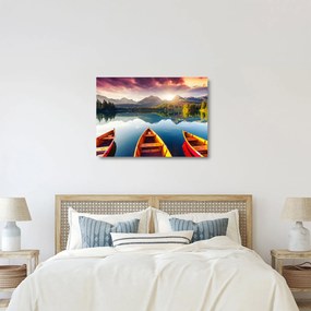Tablou pe sticlă - Lac cu bărci (70x50 cm)