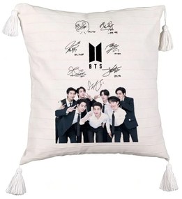 Perna Decorativa cu Franjuri BTS Army 3, 45x45 cm, Ecru, Cu fermoar