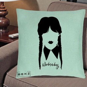 Perna Personalizata Wednesday Addams Silueta Alb-Negru, 40x40 cm, Verde Menta, Husa Detasabila, Perna Inclusa, BEKZ®