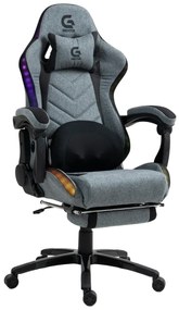 RESIGILAT- Scaun gaming, Masaj cu Role in perna lombara, Sistem iluminare banda LED RGB, Boxe Bluetooth, funcție șezlong, 90-155 grade, sezut benzi elastice sustinere, suport picioare, Textil, Gri/Negru