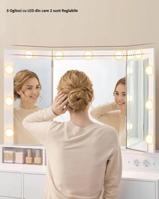 Masuta machiaj cu Oglinda LED si 9 Sertare pentru Cosmetice, Set Masa toaleta 107 cm, Alb, masuta cosmetica, vanity - SEA11