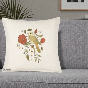 Perna Decorativa Pasare pe Ramura cu Maci, 40x40 cm, Crem Reliefat, Husa Detasabila, Perna Inclusa, BEKZ®