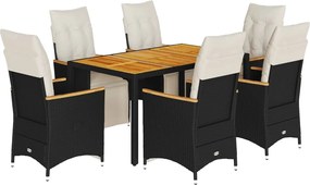 vidaXL Set bistro de grădină, 7 piese, cu perne, negru, poliratan