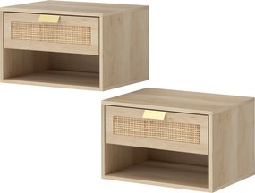 HOMCOM Set de 2 Noptiere Suspendate cu Sertar din Ratan Raft Deschis Economisire Spațiu 40x30x25 cm Stejar | Aosom Romania