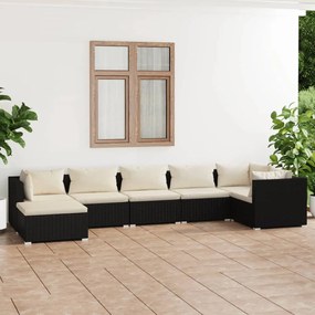 Set mobilier de gradina cu perne, 7 piese, negru, poliratan negru si crem, 3x mijloc + 3x colt + suport pentru picioare, 1