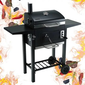 Gratar pe carbuni Klausberg KB 9034, Cos de fum, Ventilatie reglabila, Sertar pentru cenusa, Termometru, Roti, Otel, Negru