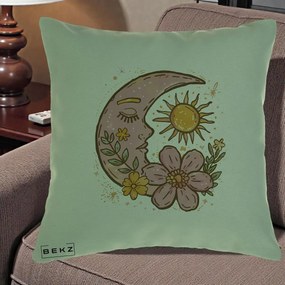 Perna Personalizata Luna si Soare Floral Boho, 40x40 cm, Verde, Husa Detasabila, Perna Inclusa, BEKZ®