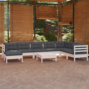 3096666 vidaXL Set mobilier de grădină cu perne, 9 piese, alb, lemn masiv pin