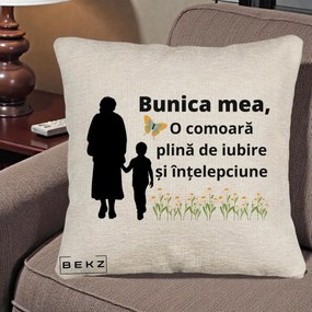 Cadou pentru Bunica - Perna Personalizata Bunica Mea Comoara cu Fluture si Baietel, 40x40 cm, Bej Canapea, Husa Detasabila, Perna Inclusa, BEKZ®