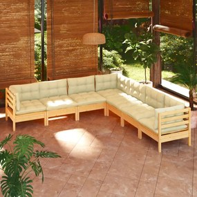 3096791 vidaXL Set mobilier grădină cu perne crem, 7 piese, lemn masiv pin