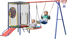 5-în-1 loc de joacă exterior pentru copii, trambulină cu plasă de siguranță și fermoar, pentru copii 3–8 ani, 336x217x198 cm, Multicolor