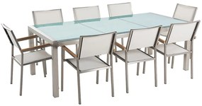 Set de masă pentru grădină Grosso (alb) (blat din sticlă 210x100 cm) (scaune albe). 1011752