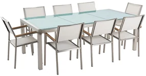 Set de masă pentru grădină Grosso (alb) (blat din sticlă 210x100 cm) (scaune albe). 1011752