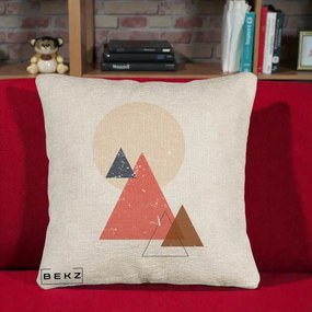 Perna Decorativa Geometric Munti si Soare, 40x40 cm, Bej Canapea, Husa Detasabila, Perna Inclusa, BEKZ®