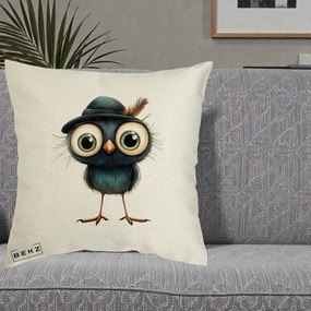 Perna Decorativa Pui Misterios cu Palarie Neagra, 40x40 cm, Ecru, Husa Detasabila, Perna Inclusa, BEKZ®