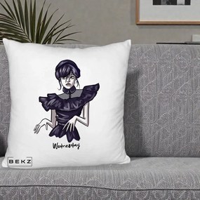 Perna Personalizata Wednesday Addams Dans Gotic, 40x40 cm, Alb Pufos, Husa Detasabila, Perna Inclusa, BEKZ®