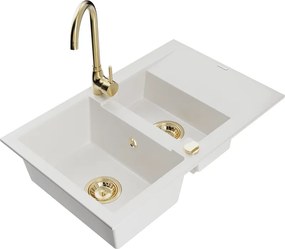 Mexen Gaspar chiuvetă de granit 1,5 compartimente cu scurgător și baterie de bucătărie Telma, alb - 6507-20-670200-50