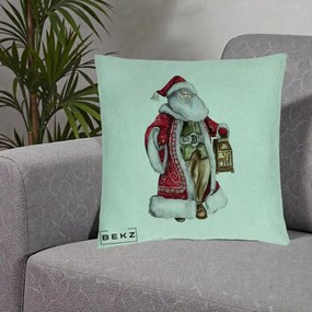 Perna Decorativa Mos Craciun Vintage cu Felinar, 40x40 cm, Verde Menta, Husa Detasabila, Perna Inclusa, BEKZ®