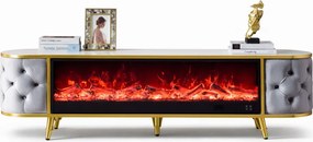 Șemineu electric cu efect LED realist cu 12 culori, Comodă TV cu design oval, control vocal și telecomandă, fără încălzire, 180 cm, Gri