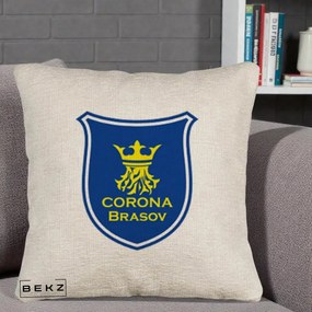 Perna Personalizata Corona Brasov Fotbal, 40x40 cm, Bej Canapea, Husa Detasabila, Perna Inclusa, BEKZ®