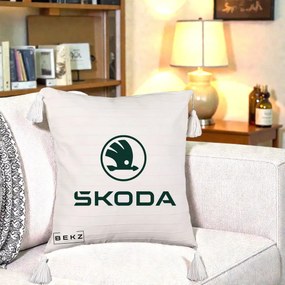 Perna Personalizata cu emblema Skoda, 40x40 cm, Bej cu Franjuri, Husa Detasabila, Perna Inclusa, BEKZ®