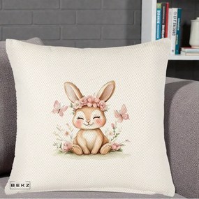 Perna Decorativa Iepuras cu Coronita Florala Roz, 40x40 cm, Crem Reliefat, Husa Detasabila, Perna Inclusa, BEKZ®