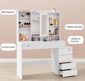 Masuta machiaj cu Oglinda LED si 6 Sertare pentru Cosmetice, Set Masa toaleta 118 cm, Alb, masuta cosmetica, vanity - SEA95