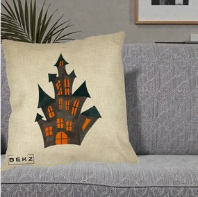 Perna Decorativa Halloween Casa Bantuita Minimalista, 40x40 cm, Crem, Husa Detasabila, Perna Inclusa, BEKZ®