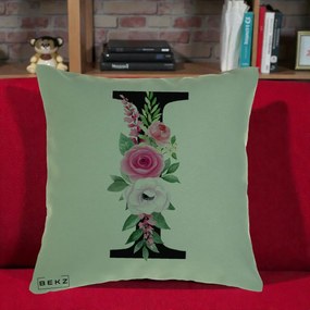 Cadou Personalizat - Perna Personalizata Monograma Florala Litera I, 40x40 cm, Verde, Husa Detasabila, Perna Inclusa, BEKZ®