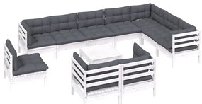 Set mobilier gradina cu perne, 11 piese, alb, lemn masiv pin Alb, 11