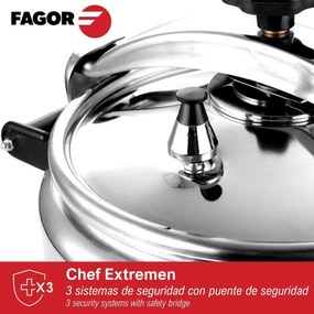 Oală sub presiune Fagor Chef Extremen 100602653, 15 L, 30 cm, 50 kPa, 3 sisteme de siguranta, Aluminiu, Argintiu