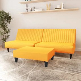 Canapea extensibilă cu 2 locuri și taburet, galben, catifea