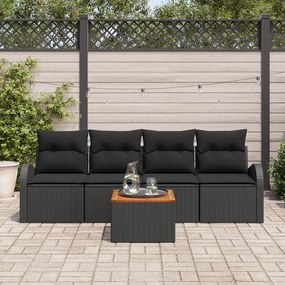 vidaXL Set de canapea de grădină cu perne, 5 piese, ratan poliat negru, lemn de acacia