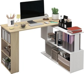 HOMCOM Birou de colț cu blat rotativ 360° și 5 rafturi, 120x110x74,5 cm, culoare lemn, alb | Aosom Romania