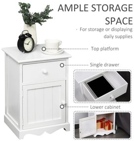 HOMCOM Set Noptiera cu 2 piese din Lemn cu Sertar si Dulap Design Retrò, 35x30x49cm Culoarea Alba | AOSOM.ro