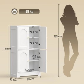 HOMCOM Dulap de bucătărie, dulap înalt cu 2 rafturi reglabile, bufet cu 4 uși arcuite 60 x 30 x 110 cm, Alb | Aosom Romania