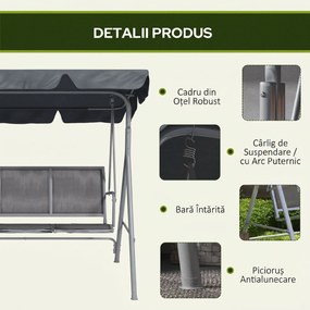 Outsunny Leagăn de grădină 3 locuri cu acoperiș parasolar reglabil și detașabil, șezut respirabil din poliester, capacitate 240 kg, 171x108x154 cm, gri închis | Aosom Romania