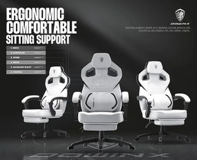 RESIGILAT- DOWINX Scaun gaming, ergonomic, suport lombar cu masaj, Șezut cu Arcuri Metalice și Spumă, Spătar înalt, rabatabil 90°-135°, Suport picioare, rezistent 150 kg, material textil respirabil, Alb/Gri