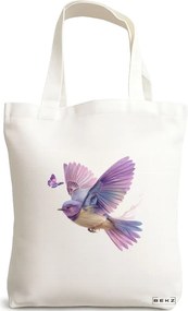 Sacosa de Panza pentru Cumparaturi, Geanta Tote, model Colorful Baby bird 38 x 34.5 cm, Alba, BEKZ®