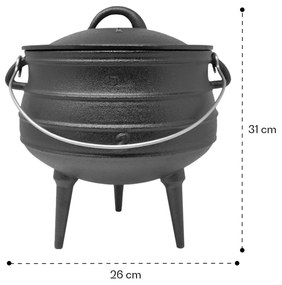 Beefalo, oală din fontă, potjie, picioare, marimea M, fontă, rotundă, capac, 6 litri