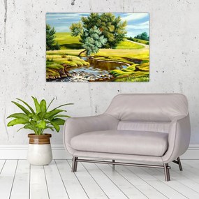 Tablou - Râu între câmpii, pictură în ulei (90x60 cm)